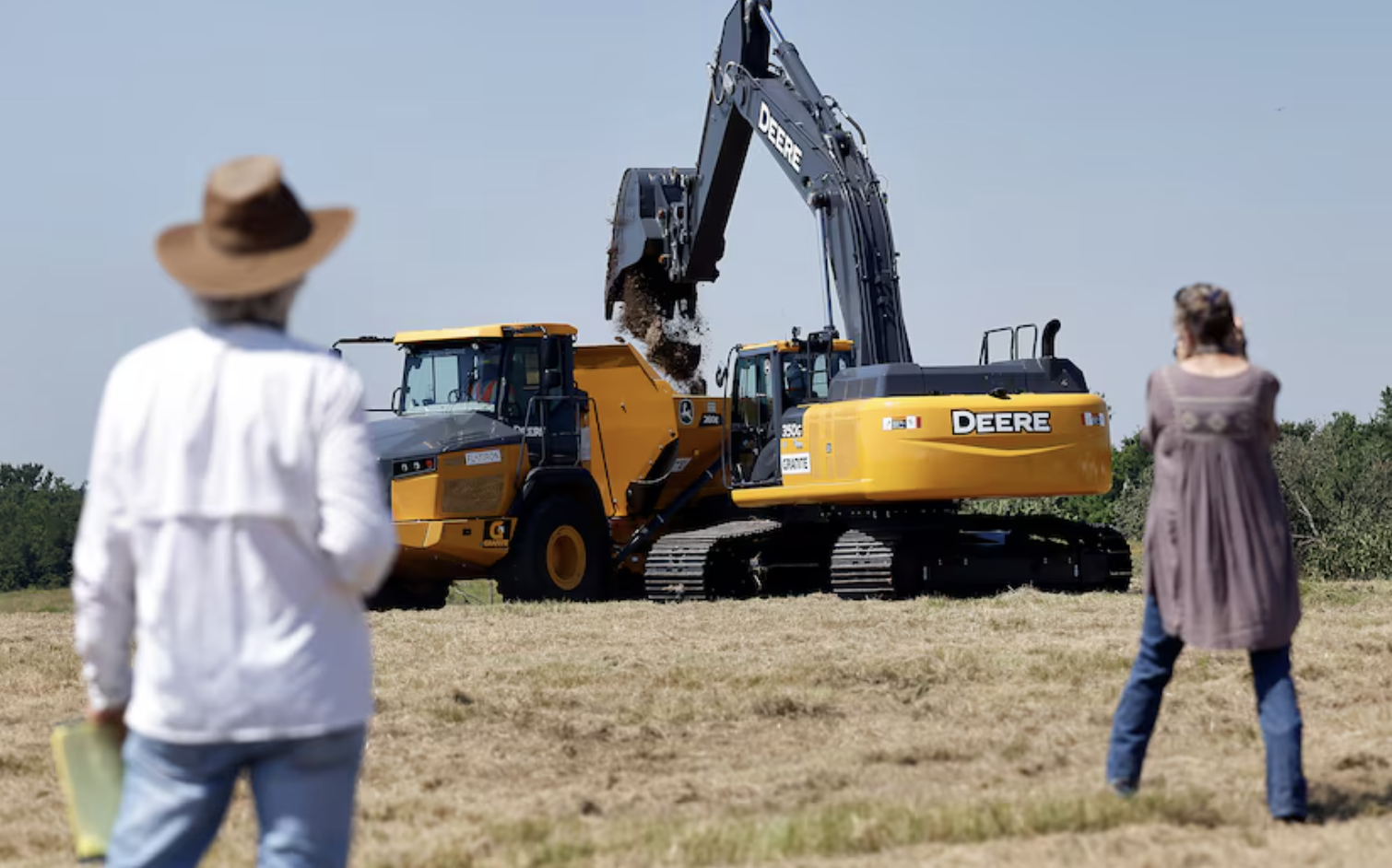 The first scoop of dirt was dumped in a truck following the Upper Trinity Regional Water District groundbreaking ceremony for Lake Ralph Hall and Leon Hurse Dam near Ladonia, Texas, Wednesday, June 16, 2021. The lake will provide 54 million gallons of water per day for some 29 communities in Denton and Collin counties. The $490 million project should begin delivering water by 2025. The lake is named after Hall who was a United States Representative for Texas's 4th congressional district. (Tom Fox/The Dallas Morning News)(Tom Fox / Staff Photographer)